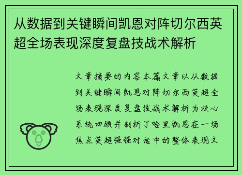 从数据到关键瞬间凯恩对阵切尔西英超全场表现深度复盘技战术解析